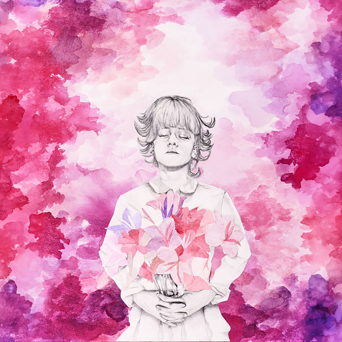 A young girl with eyes closed, holding a bouquet of pink flowers against a pink and purple watercolor background.