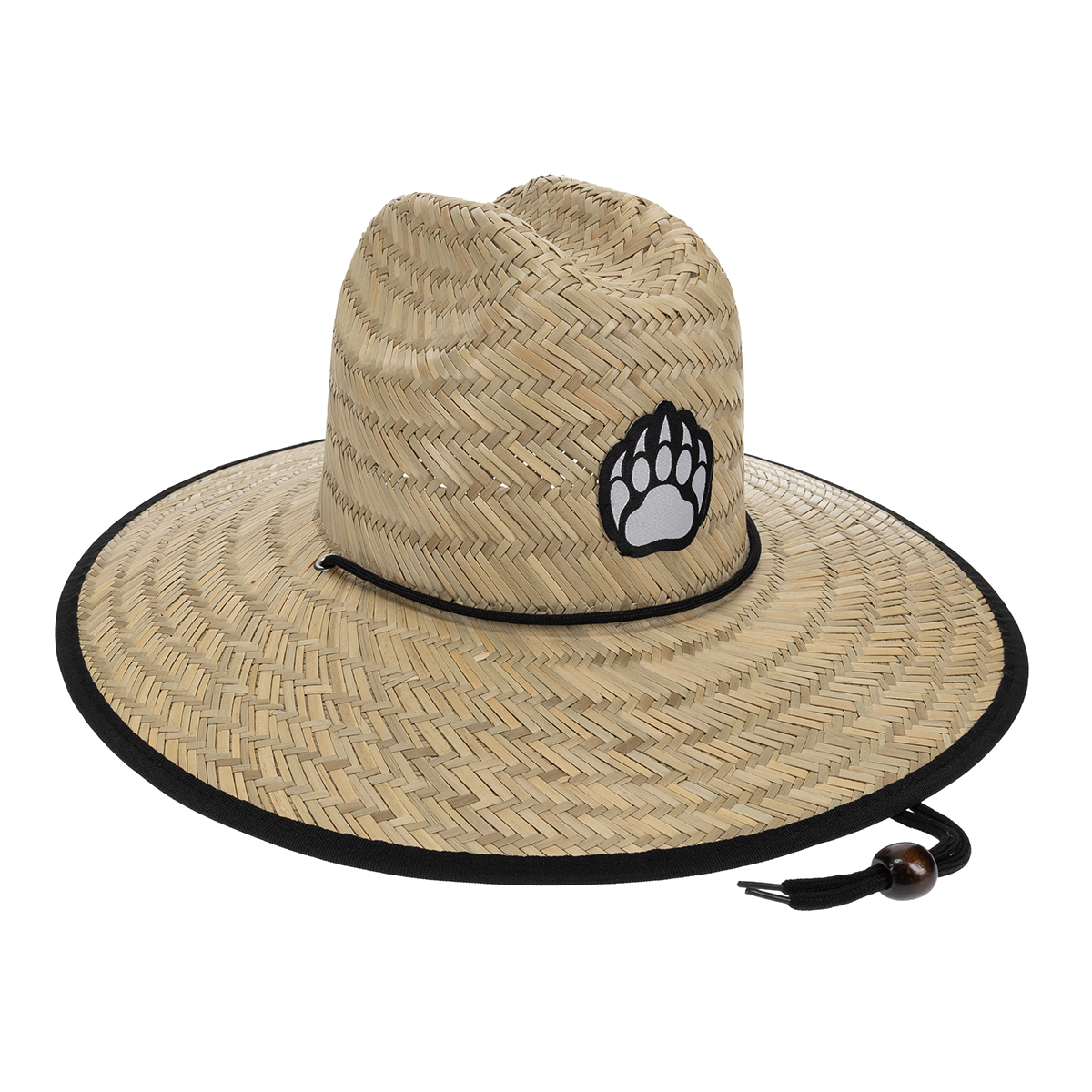 Wide-brim straw sun hat with black edge trim and a paw print patch on the front.