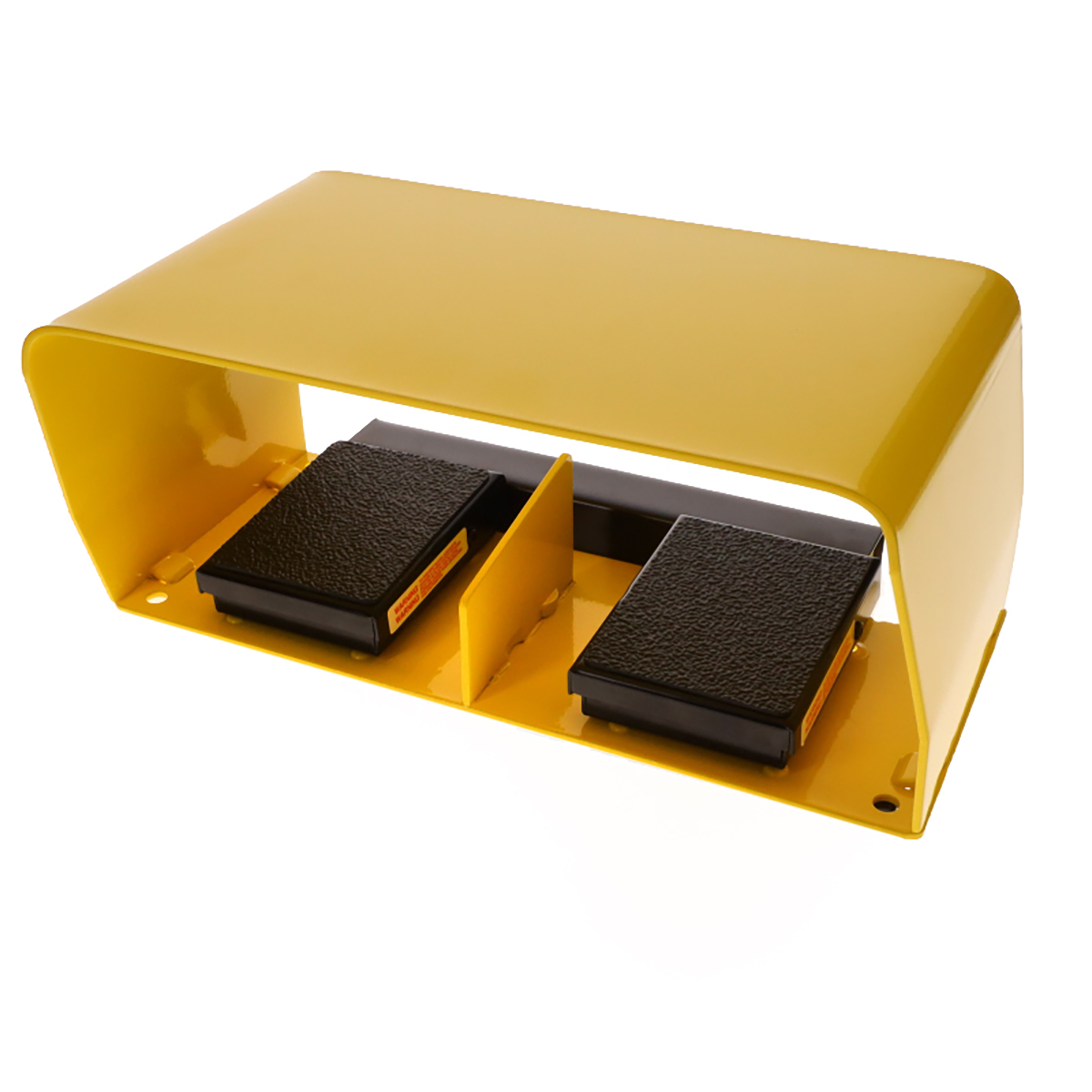 Yellow metal housing containing two black textured foot pedals side by side, forming a dual-foot control unit.