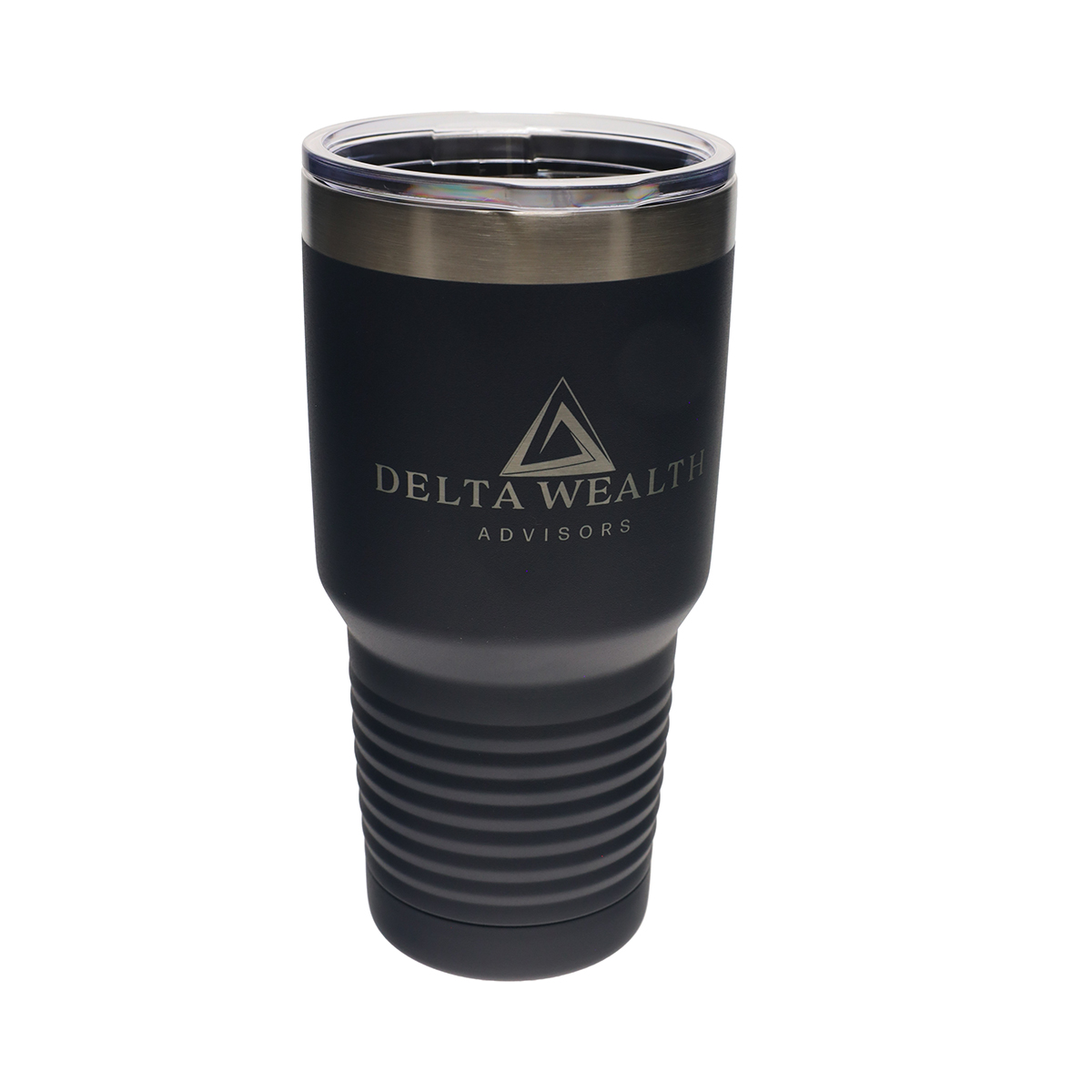 Black stainless steel tumbler with brushed rim and Delta Wealth Advisors logo.