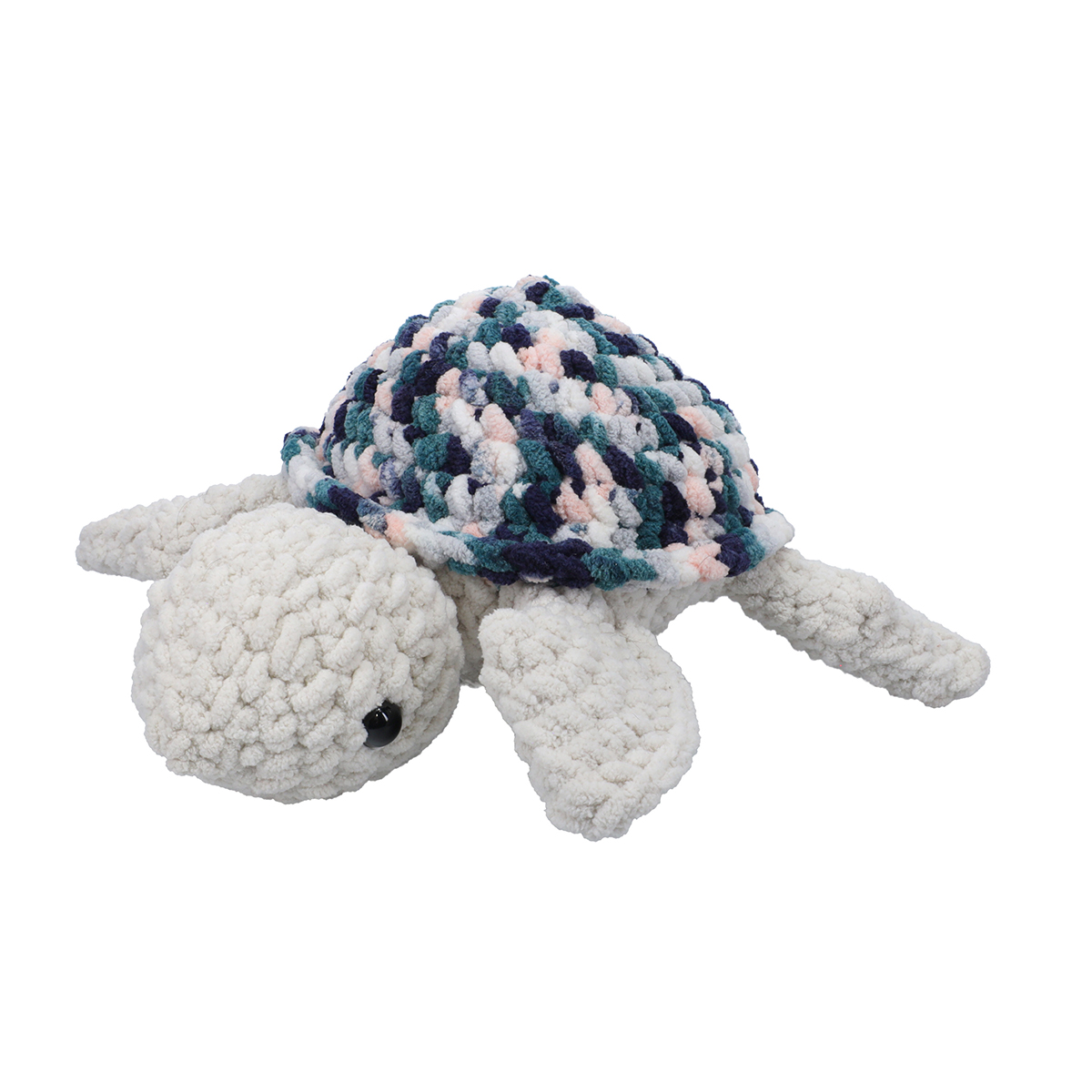 Soft plush turtle toy with a multicolored, braided shell and cream fuzzy limbs and head.